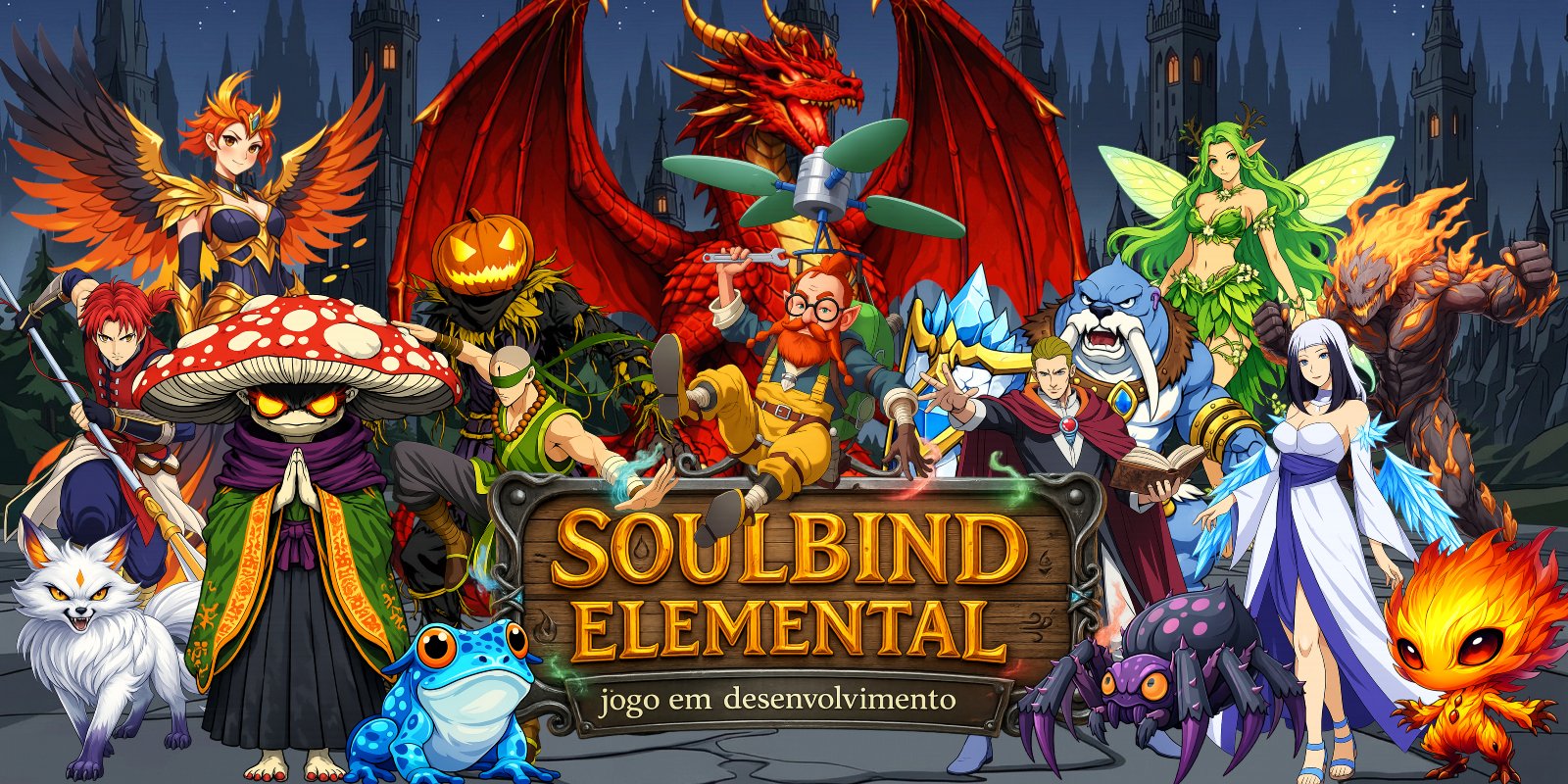 Banner de Soulbind Elemental com os personagens do jogo